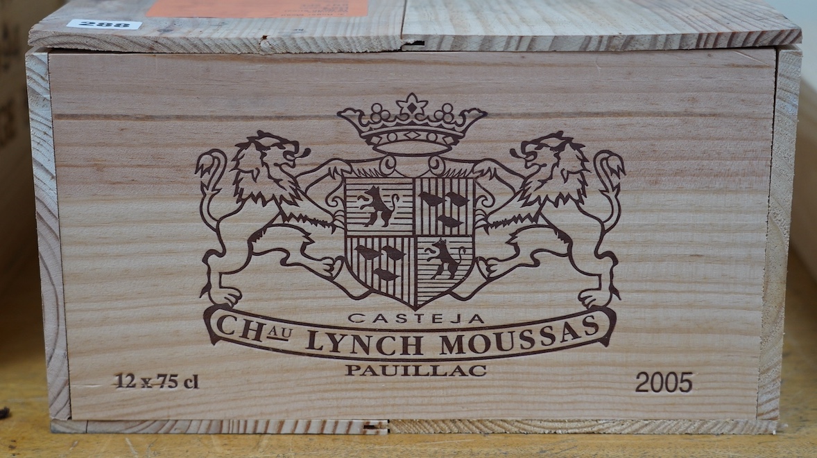 A sealed case of twelve bottles of 2005 Chateau Lynch Moussas, Pauillac, in OWC, purchased en primeur from The Wine Society. Condition - good